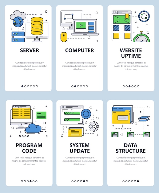 Vector set van mobiele app onboarding schermen Server Computer Website uptime Program code System update Data structuur web templates en banners Dunne lijn kunst stijl ontwerp iconen voor website menu