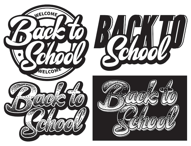 Vector vector set van monochrome illustraties met lettering inscriptie terug naar school