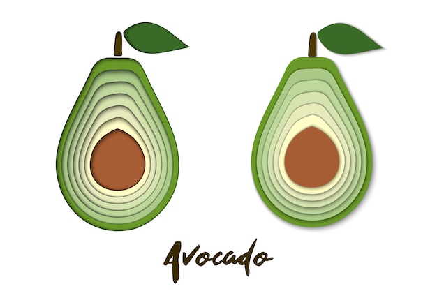 Vector set van papier gesneden groene avocado, gesneden vormen