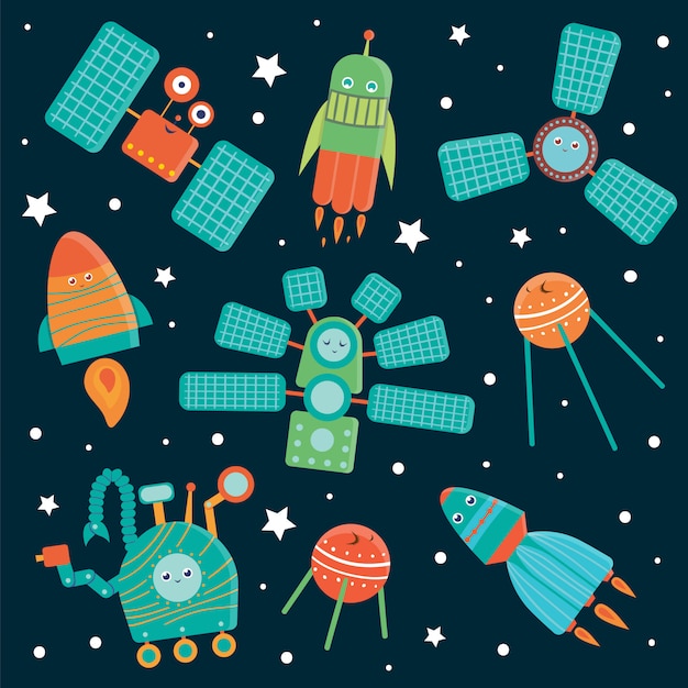 Vector set van ruimtetechnieken voor kinderen. heldere en schattige platte illustratie van ruimteschip, raket, satelliet, ruimtestation, rover