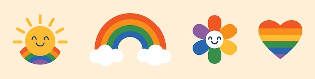 Vector set van schattige elementen in regenboog kleuren glimlachende bloem zon met gezicht regenbogen en hart grappig