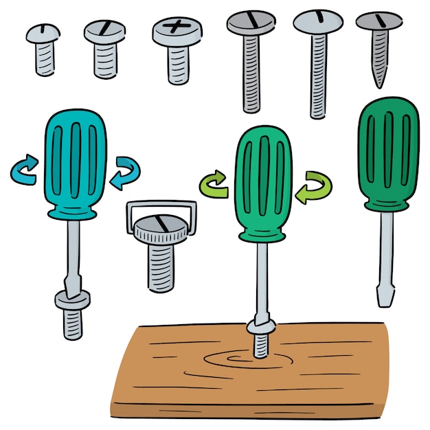 Vector set van schroef en schroevendraaier