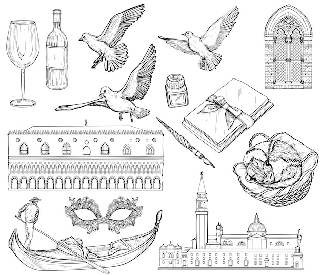 Vector Set van Venetië schets zwart-wit