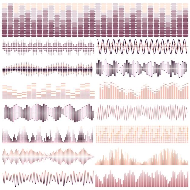 Vector vector set van vijftien geluidsgolven. audio-equalizer. geluid & audio golven geïsoleerd op een witte achtergrond.