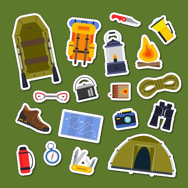 Vector set van vlakke stijl camping elementen stickers collectie cartoon illustratie