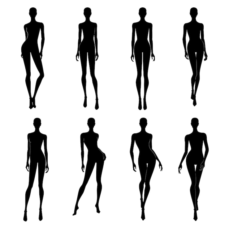 Vector vector set van vrouwelijke menselijke lichaam silhouetten in zwarte kleur geïsoleerde mode illustratie