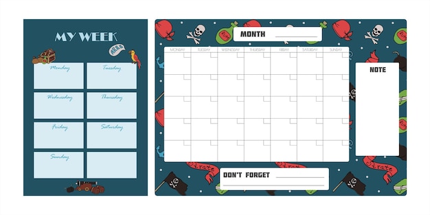 Vector set van wekelijkse planner om lijstnotitie achtergrond te doen met doodle piraten print schoolplanner met...