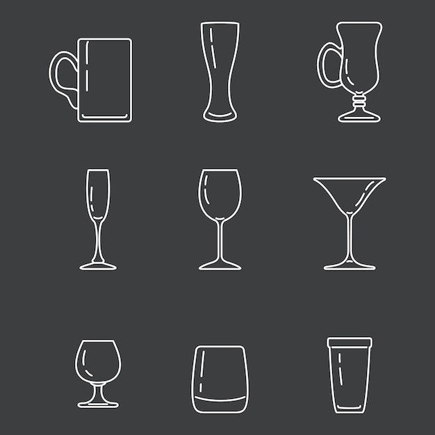 Vector set van witte contouren alcohol drinken glas iconen