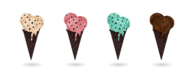 Vector set of various ice cream scoops in waffle cones