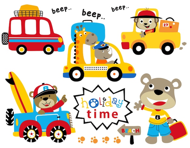 vector set of vehicles cartoon with cute animals