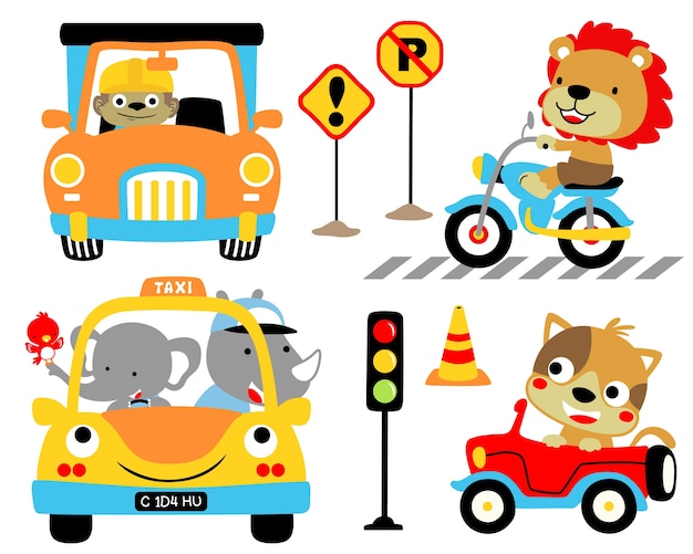 Vector set of vehicles cartoon with funny drivers.