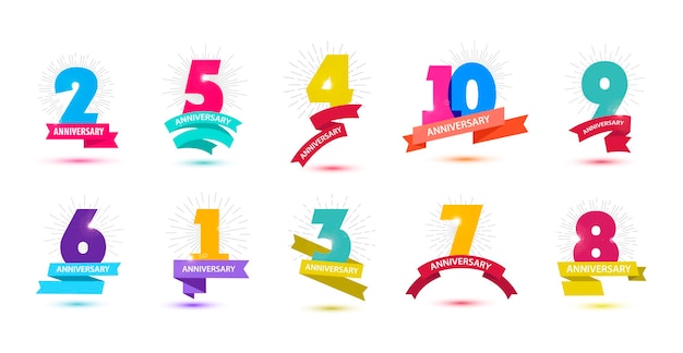 Vector set verjaardagsdata composities met linten jaar verjaardag logo labels