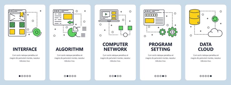 Vector 具有接口算法的垂直横幅矢量集 计算机网络 程序设置 数据云网站模板 现代薄线平坦风格设计