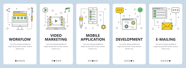 Vector set of vertical banners with Workflow Video marketing Mobile application Development Emailing website templates Modern thin line flat style design