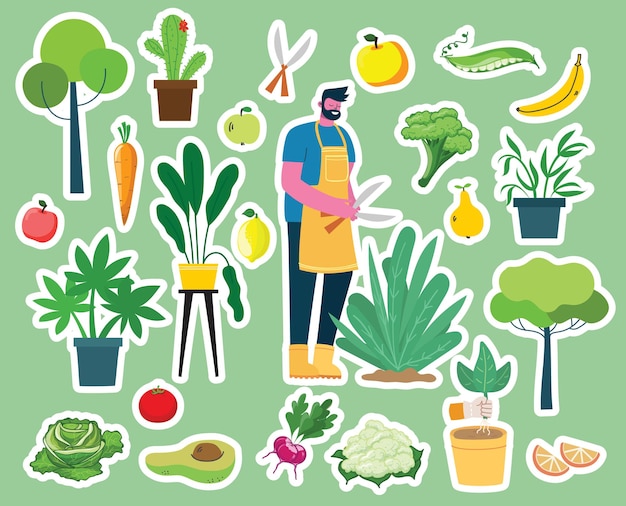 Vector set of village people gardening with organic eco food, flowers and plants in the flat design