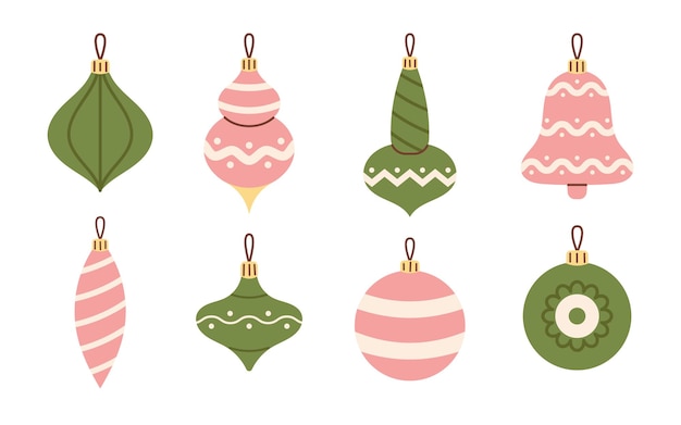 Vector set of vintage baubles and decorations for Christmas tree Collection of Christmas ornaments and balls in flat design Happy New Year and Merry Christmas