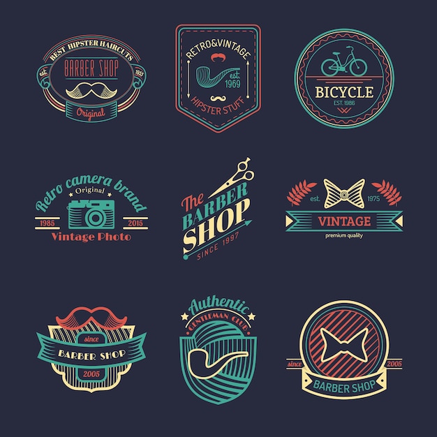 Vector vector set of vintage hipster logos. retro icons collection of bicycle, moustache, camera etc.