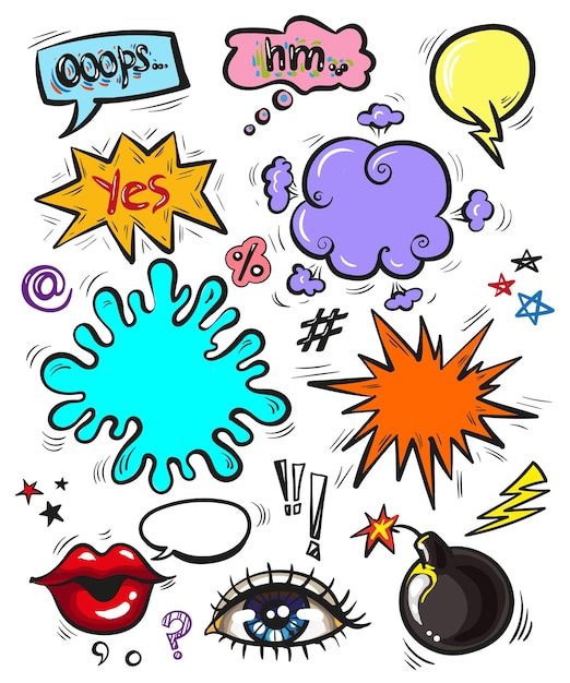 Vector set of vintage pop art comic badges patches stickers and speech bubbles with fashion phrases and expressions yes ooops hm