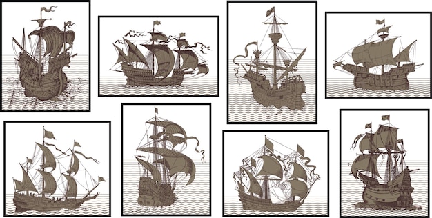 Vector vector set of vintage ships in the style of medieval engraving