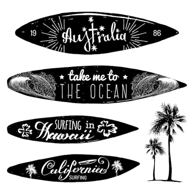 Vector vector set vintage surfen logo's en tshirts wordt afgedrukt breng me naar de oceaan australië californië hawaii typografische posters collectie met handgetekende planken illustraties