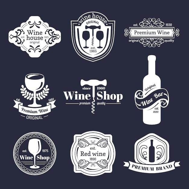 Insieme di vettore del logo del vino dell'annata. collezione di icone di vino retrò.