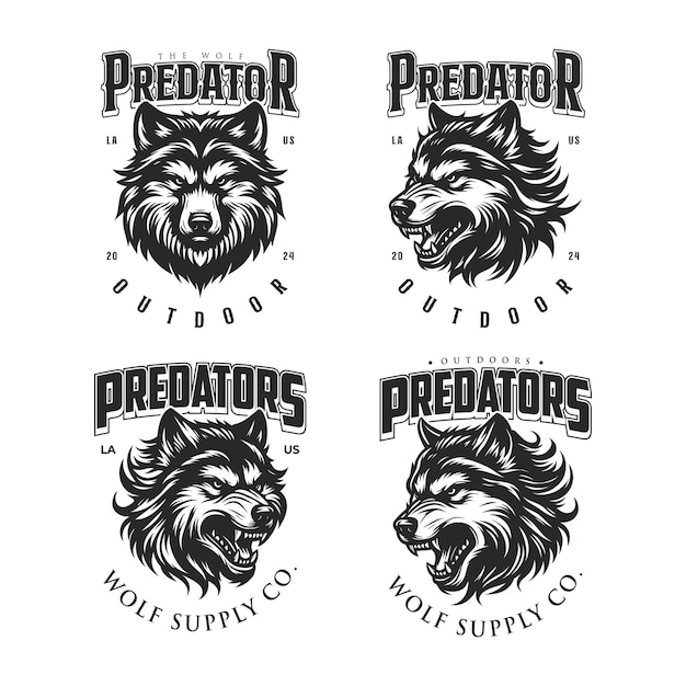 Vector set of vintage wolf head illustration in white background