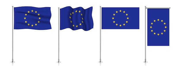 Vector vector set vlaggen van de europese unie op een metalen paal geïsoleerd op een witte achtergrond