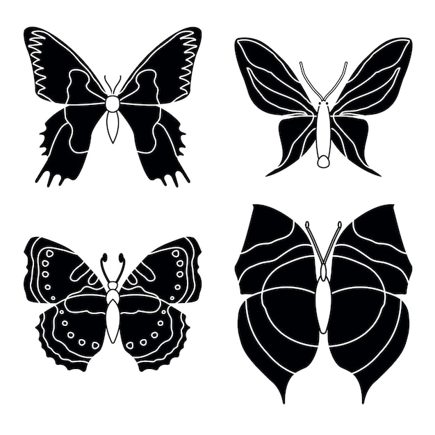 Vector set vlinders op een witte achtergrond tekening decoratieve insecten silhouetten hand loting vector