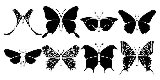 Vector set vlinders op een witte achtergrond tekening decoratieve insecten silhouetten hand loting vector