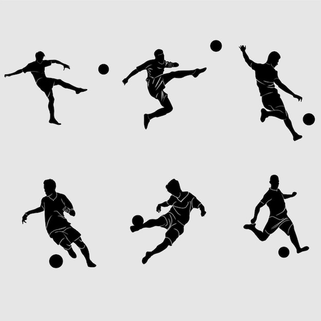 vector set voetbal pose silhouet illustraties schoppen de bal dribbelen