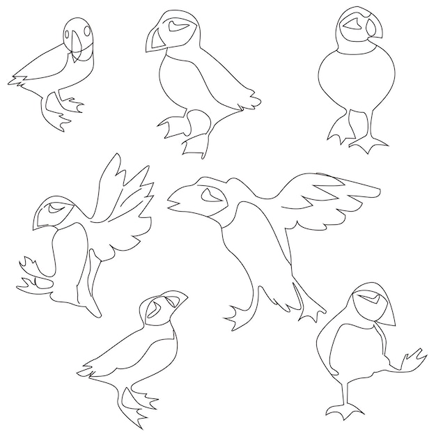 vector set vogellijntekeningen in vlakke stijl verschillende stijlen en vormen op een tak, vogelvector