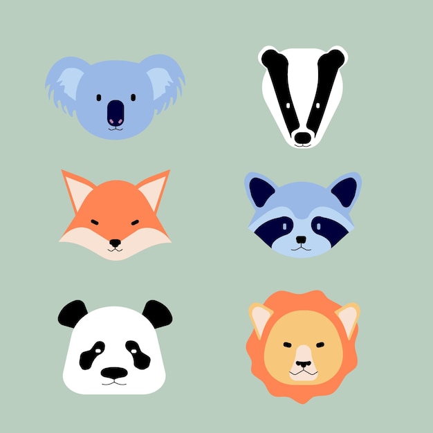 vector set voor kinderen schattige kleine dieren gezichten das, koala, vos, wasbeer, panda en leeuw
