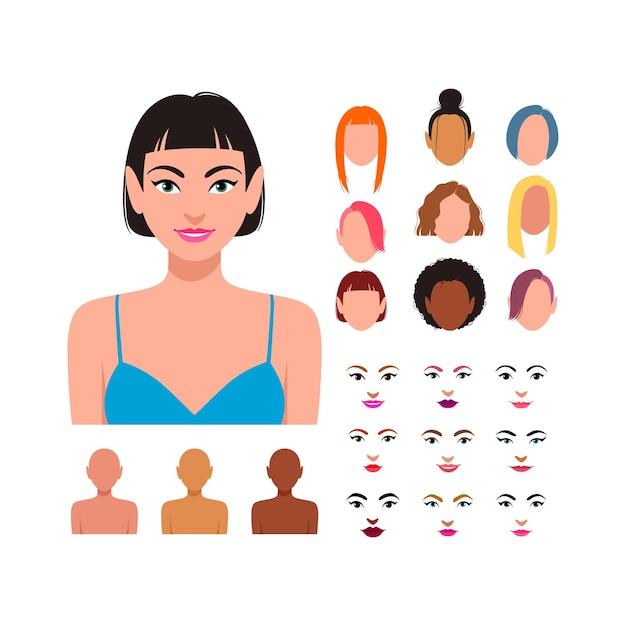 Vector set vrouw gezicht constructor met verschillende ogen lippen kapsels in vlakke stijl vrouwelijke gezichten pictogram schepper