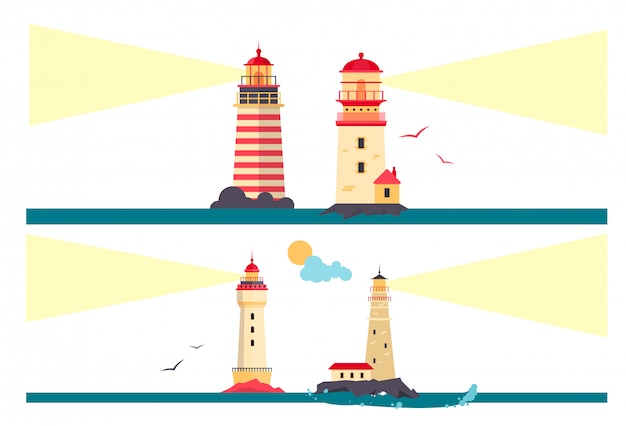 Vector set vuurtorens. cartoon vuurtoren met lichtstralen.