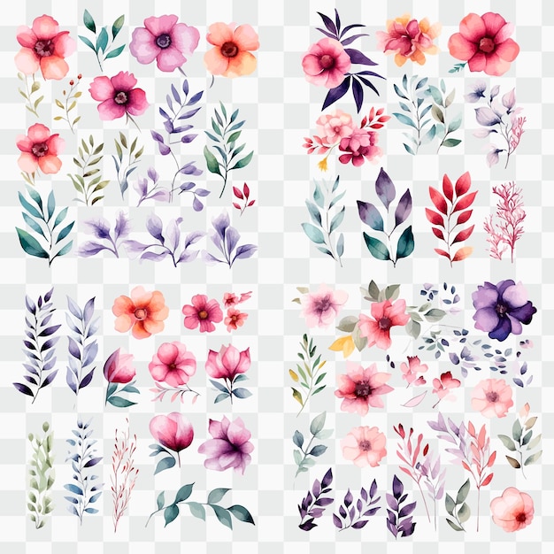 Vector set of watercolor flowers and leaves