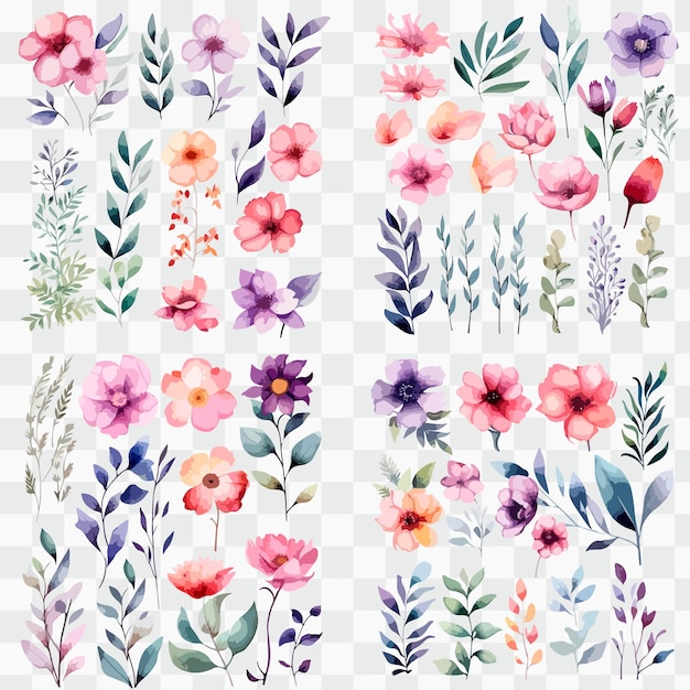 Vector set of watercolor flowers and leaves