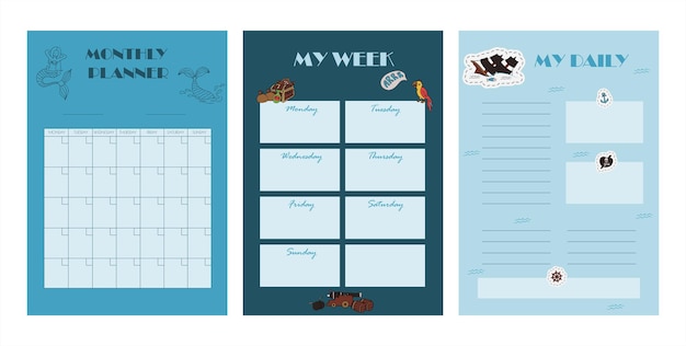 Vector set of weekly planner to do list note background with doodle pirate print school planner with...