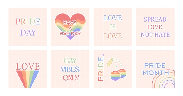 Vector set wenskaarten voor LGBTQIA Pride Month. Postverzameling op sociale media met vreemde slogan