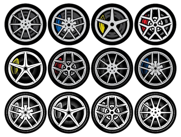 Vector set of wheels with rims for cars Templates in different styles