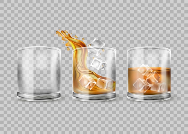 Vector vector set whisky glas geïsoleerd op transparante achtergrond. whisky met ijs. glazen met alcoholdrank, realistische afbeelding voor bar of restaurant. 3d-model.