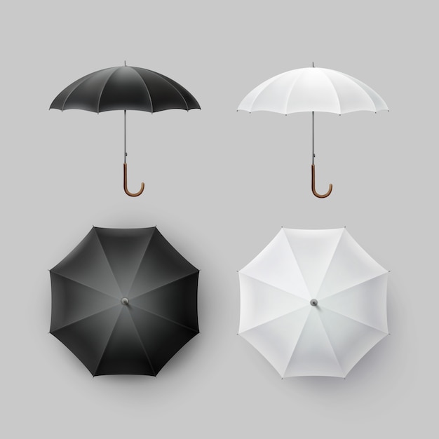 Vector vector set of white black blank classic opened round rain umbrella parasol sunshade