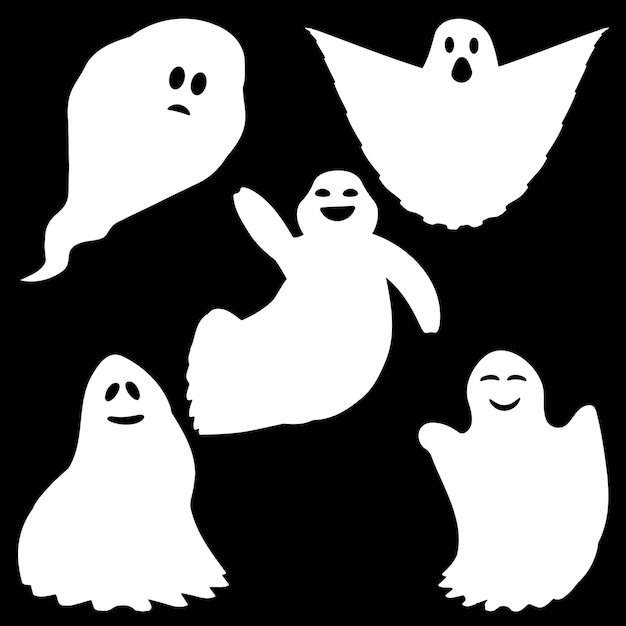 Vector set of white ghosts Halloween spooky monster scary spirit or poltergeist flying in night