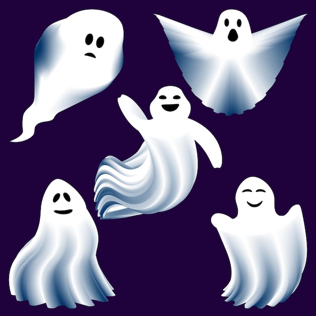 Vector vector set of white ghosts halloween spooky monster scary spirit or poltergeist flying in night