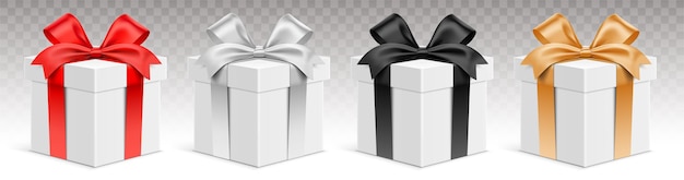 Vector vector set of white gift boxes with different color ribbons. realistic 3d giftbox, isolated on transparent background.