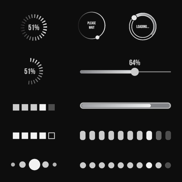 Vector vector set of white loading icons on black background