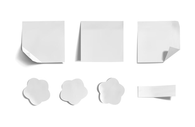 Vector set of white memo stickers, white paper, 3D blank mock ups isolated.