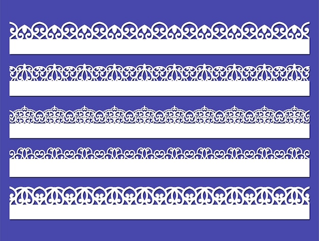 Vector set of white seamless lace borders with shadows ornamental paper lines