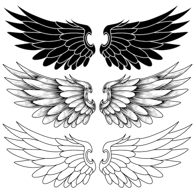 vector set of wings or angel wings tribal tattoo vintage outline and line art