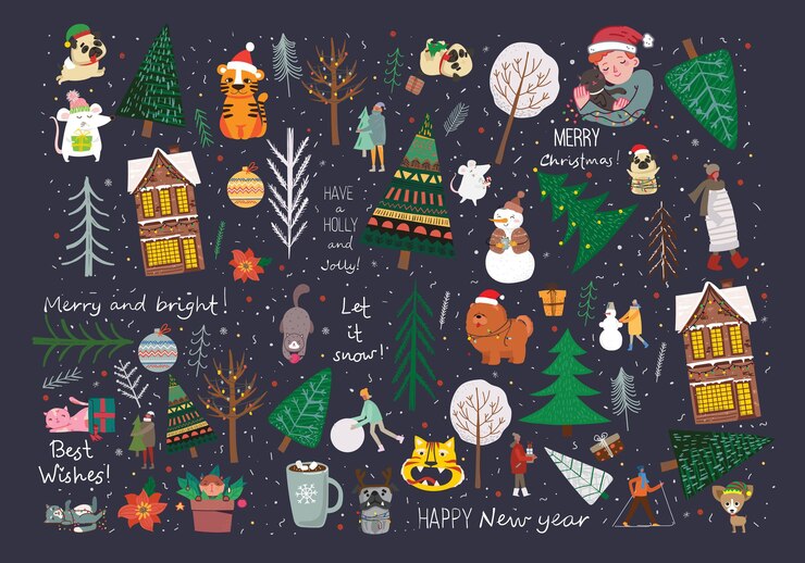 冬のクリスマスツリーと太陽、雪、雪の結晶、茂み、猫、独自の新年とクリスマスのイラストカードを作成するための人々のベクトルセット
