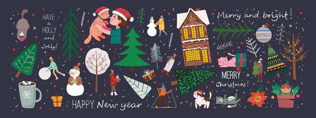 冬のクリスマスツリーと太陽、雪、雪の結晶、茂み、雲、独自の新年とクリスマスのイラストカードを作成するための人々のベクトルセット